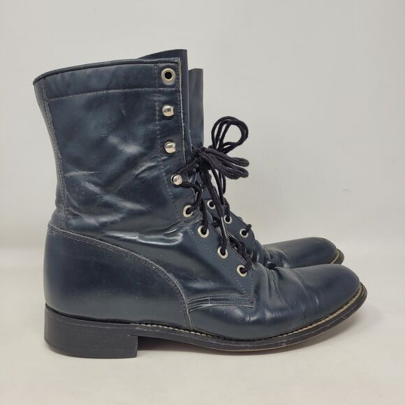 Vintage Justin Boots Womens 8B Blue Leather Kiddle Ankle Lace Up Western Ranch - Picture 2 of 10